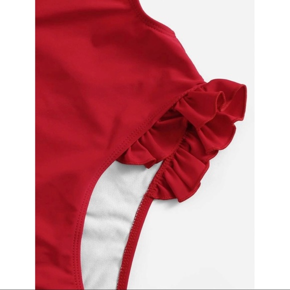 SALE! Red Ruffle Criss Cross Backless One Piece Swimsuit - Picture 4 of 4